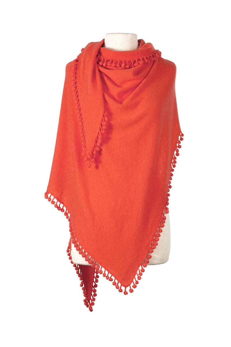 Pom-Pom Triangle Wrap in Flame by Alpine Cashmere