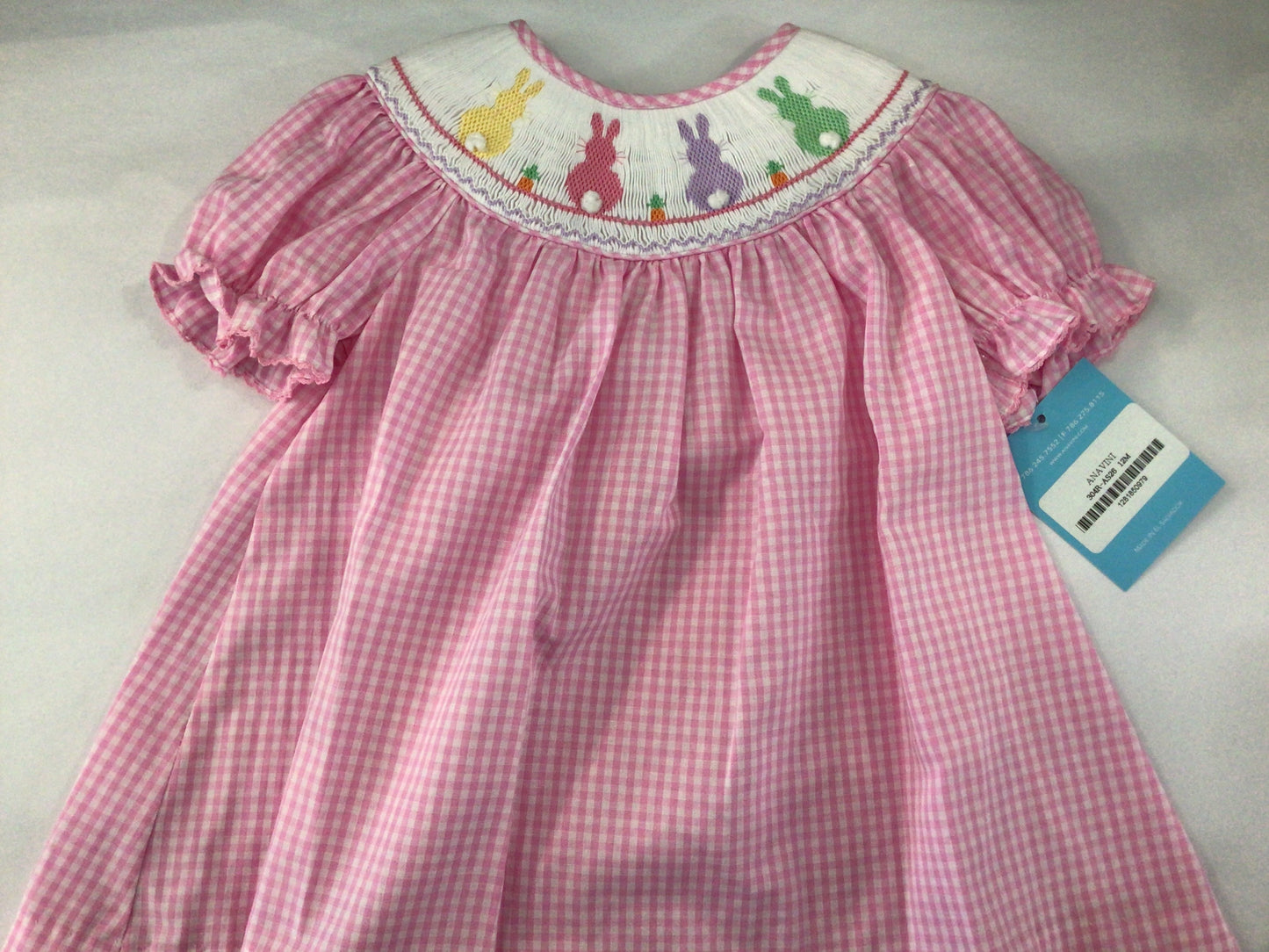 Girls Pink Gingham Dress with Embroidered Bunnies by Anavini