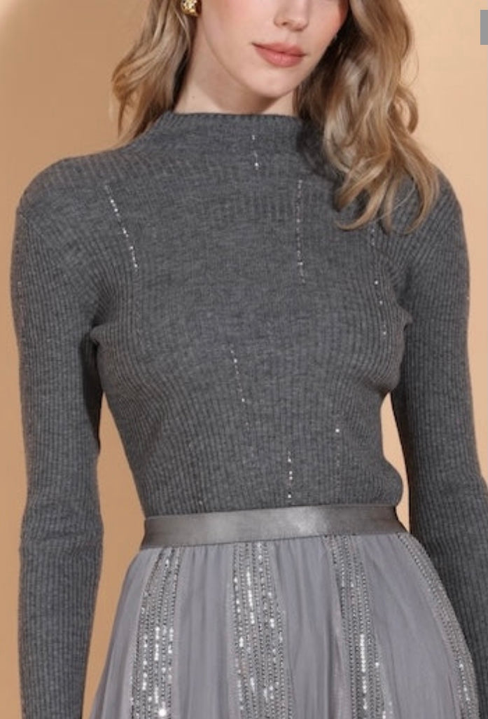 Merino Wool Lightweight Mock Neck Ribbed Top with Sequin Detail in Grey by Jessie Liu