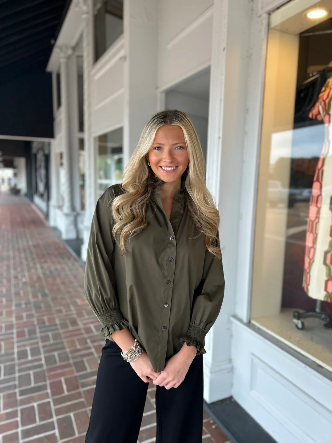 Fiona Ruffle Neck Solid Shirt Silky Poplin in Olive 3414033