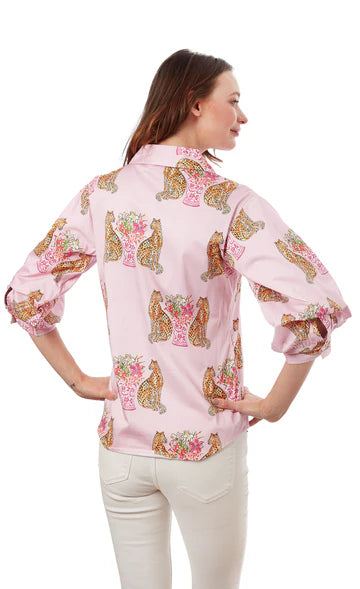 Puff Sleeve Top Pink with Cheetahs by Dizzy Lizzie