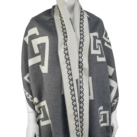 Grey Wide Woven Geometric Scarf with Fox Pom Poms by Mitchie’s