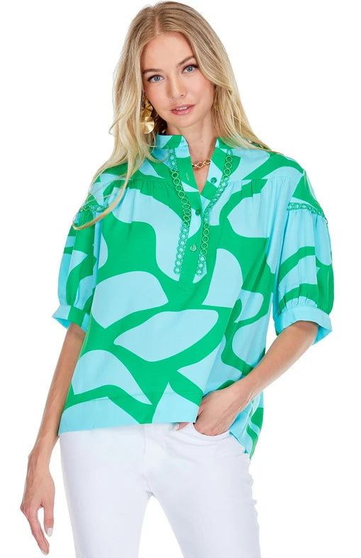 Loop Trim Placket Top in Aqua Arial by Joy Joy