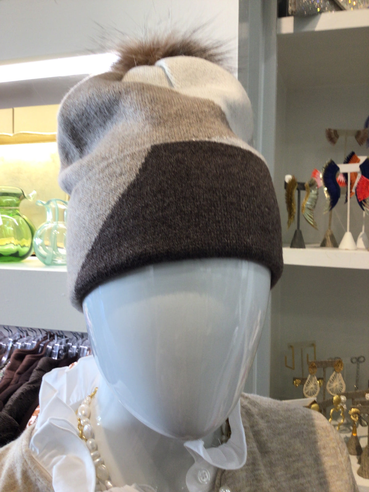Abstract Colorblock Knit Wool Beanie with Fox Pom by Mitchie’s Matchings