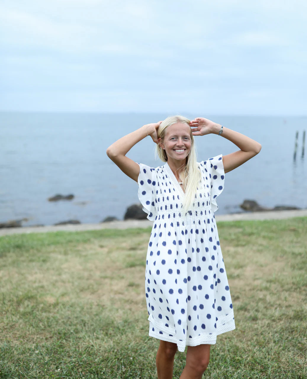 Eden Dress Cream Polka Dot By Navy Bleu