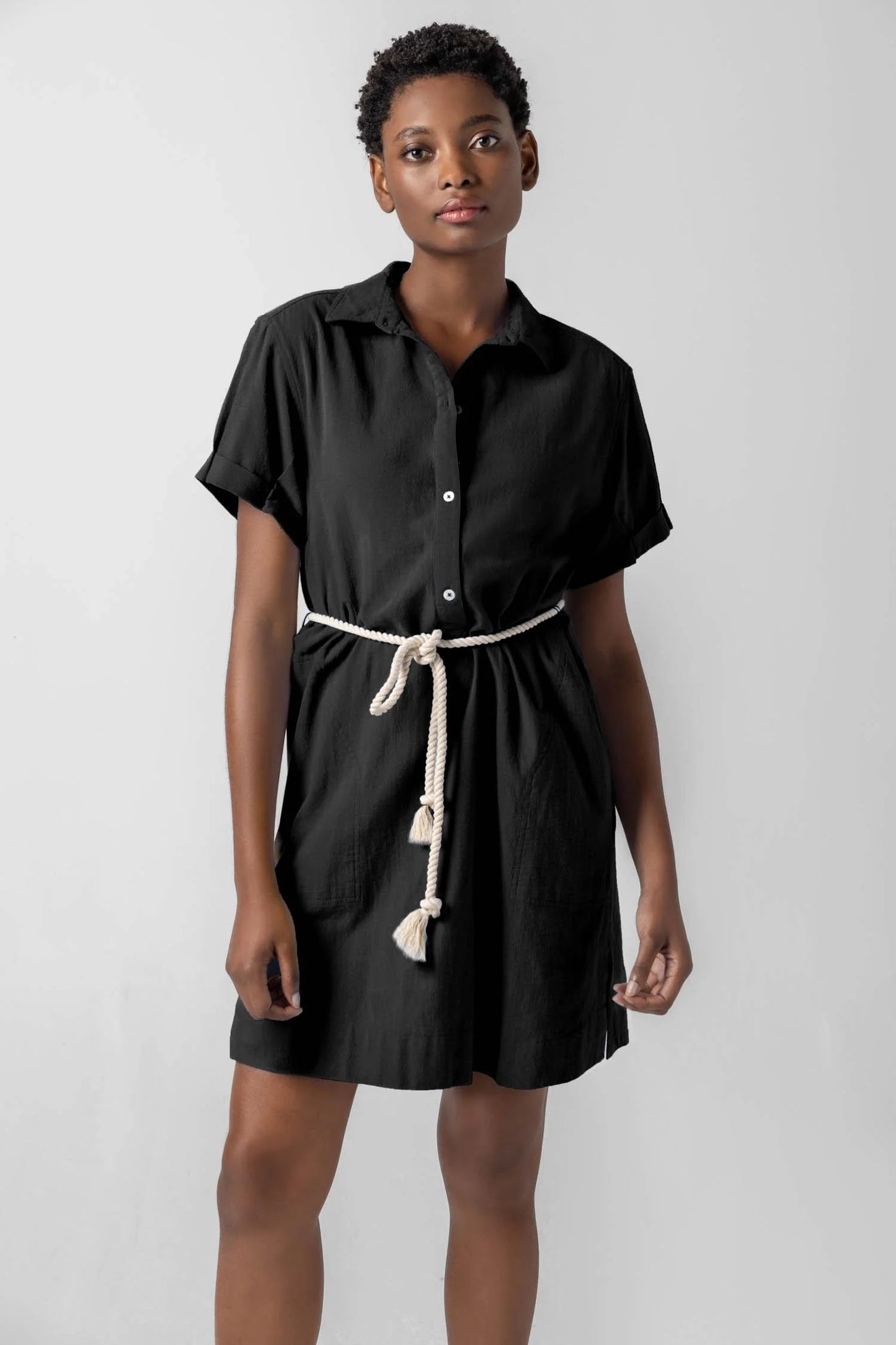 Half Placket Shirt Dress in Black PA2980-BLA