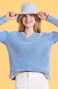 Mineral Wash Cotton V Neck Shaker Sweater in James Blue by Tyler Boe