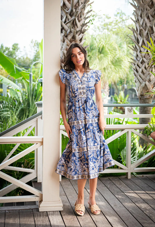 Birds of Paradise Print Puff Sleeve Button Front MIDI Dress by Sail to Sable