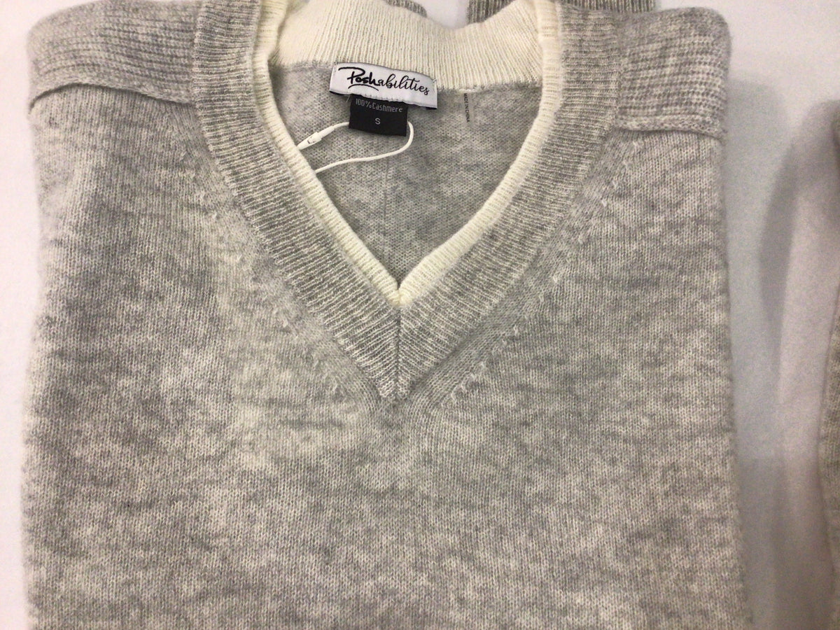 Double Collar V Neck Cashmere Sweater in Tin Gray by Poshabilities