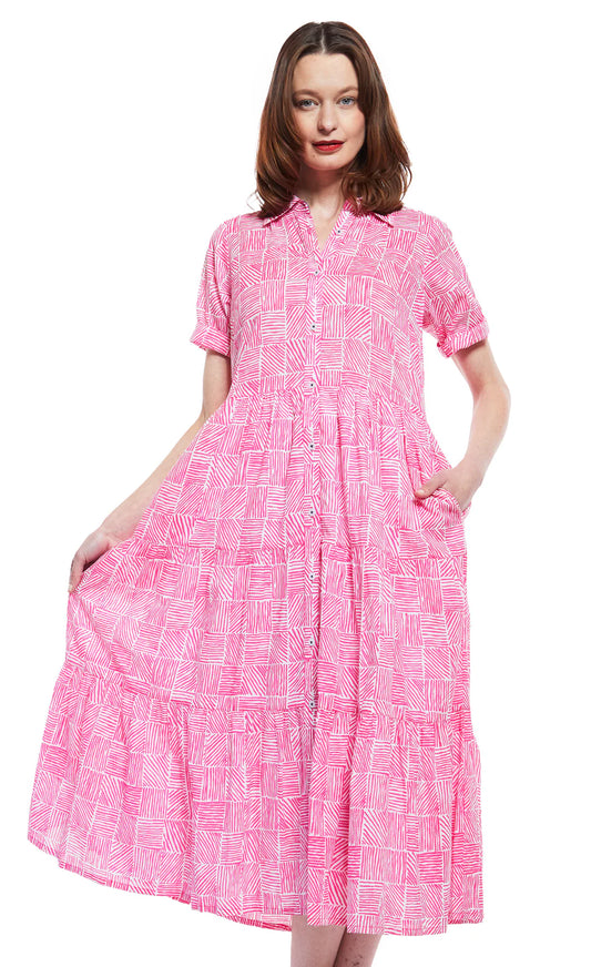 PALM DESERT DRESS IN FUSCHIA AND WHITE CRISS CROSS PATTERN by Dizzy Lizzie