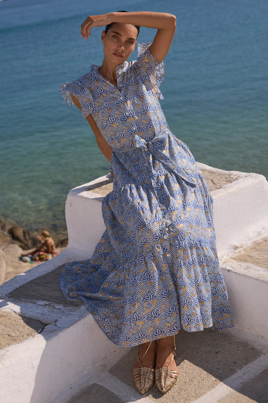 Ruffle Collar Button Maxi in Florence Blue by Oliphant