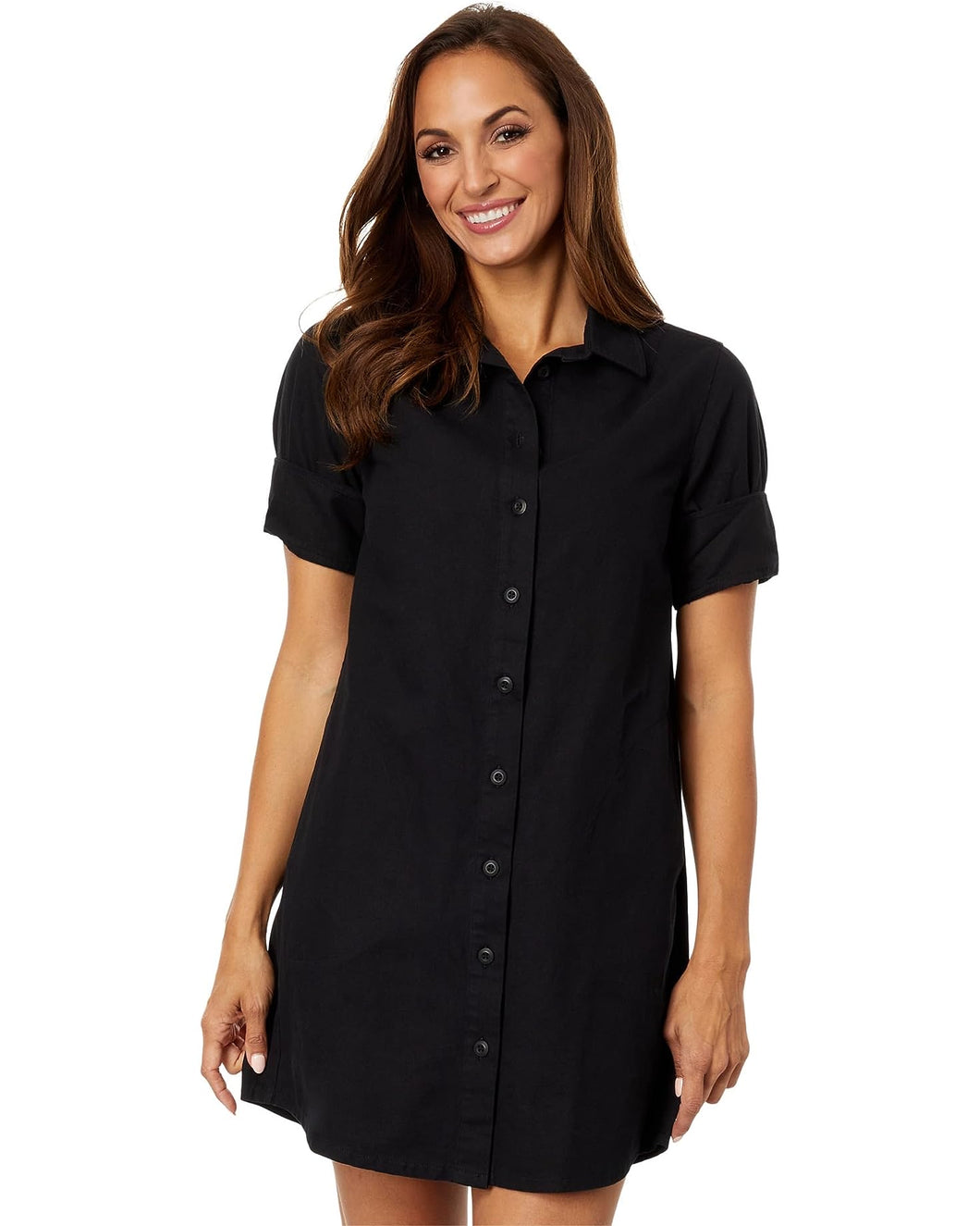 Smocked Sleeve Crewneck Dress in Black by Lilla P