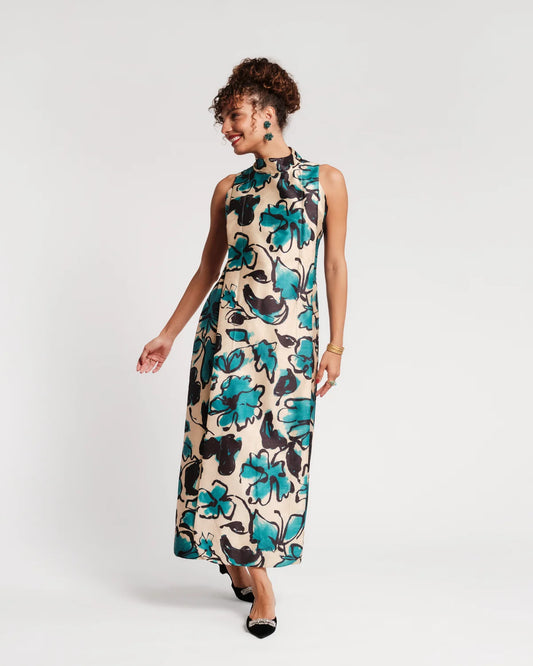 Carlyle Maxi Dress in Abstract Meadow Poly Dupion Teal/Camel by Frances Valentine