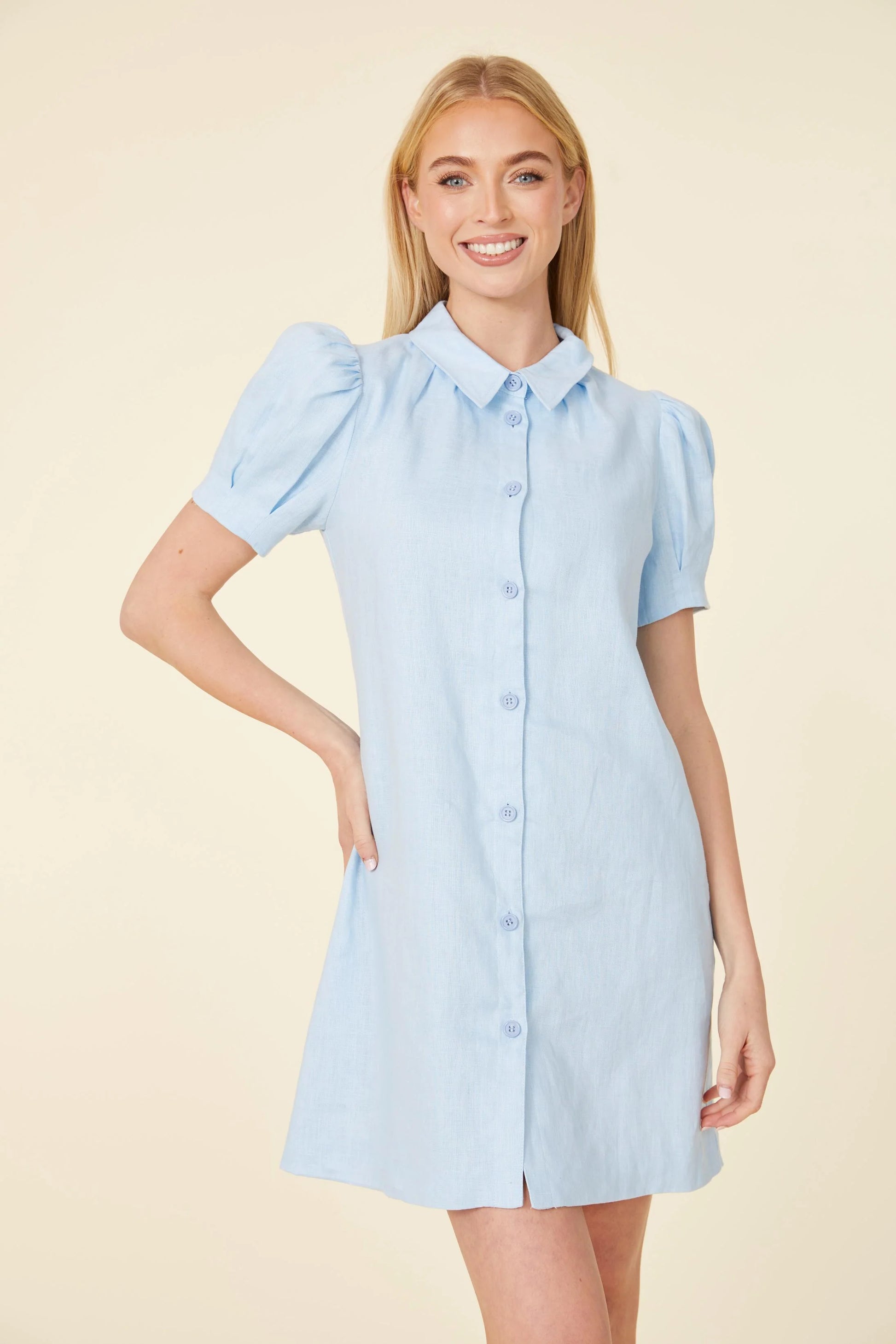 Linen Button Down Dress in Light Blue by Dolce Cabo