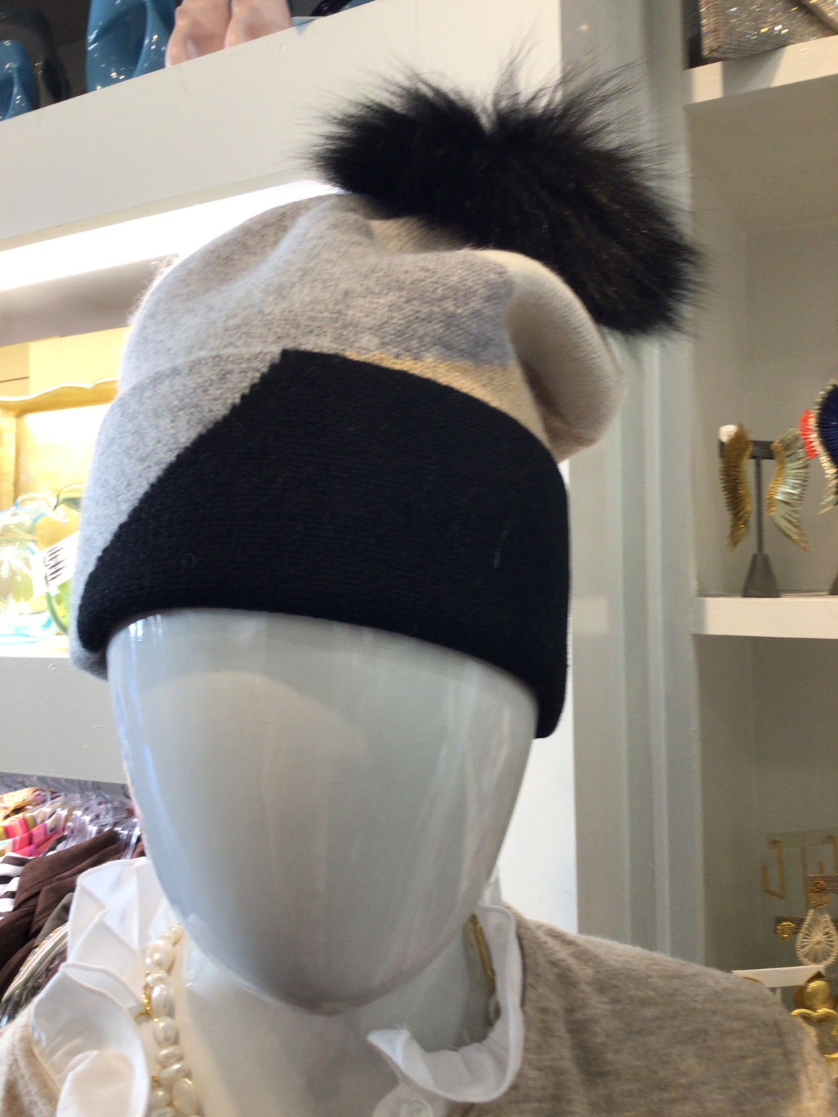 Abstract Colorblock Knit Wool Beanie with Fox Pom by Mitchie’s Matchings