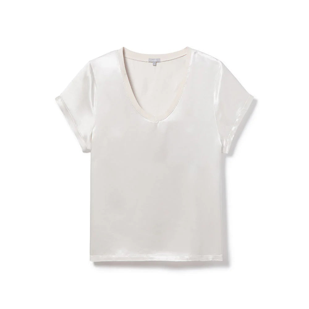 Gianna Satin V-Neck Tee in Pearl