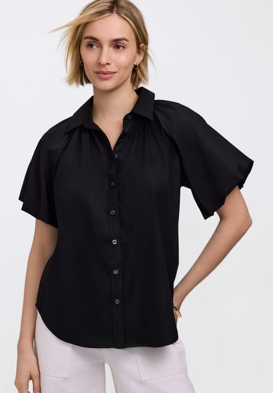 Paula Solid Puff Sleeve Shirt in Black by Foxcroft