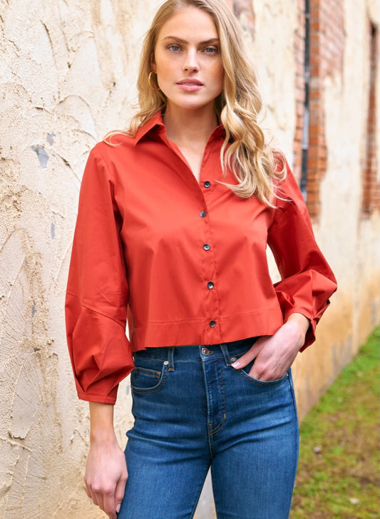 Crop Emmy Shirt in Solid Cinnamon Silky Poplin by Finley