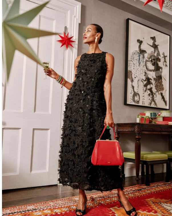 Francesca Maxi Dress with Daisy Appliqué in Black by Frances Valentine