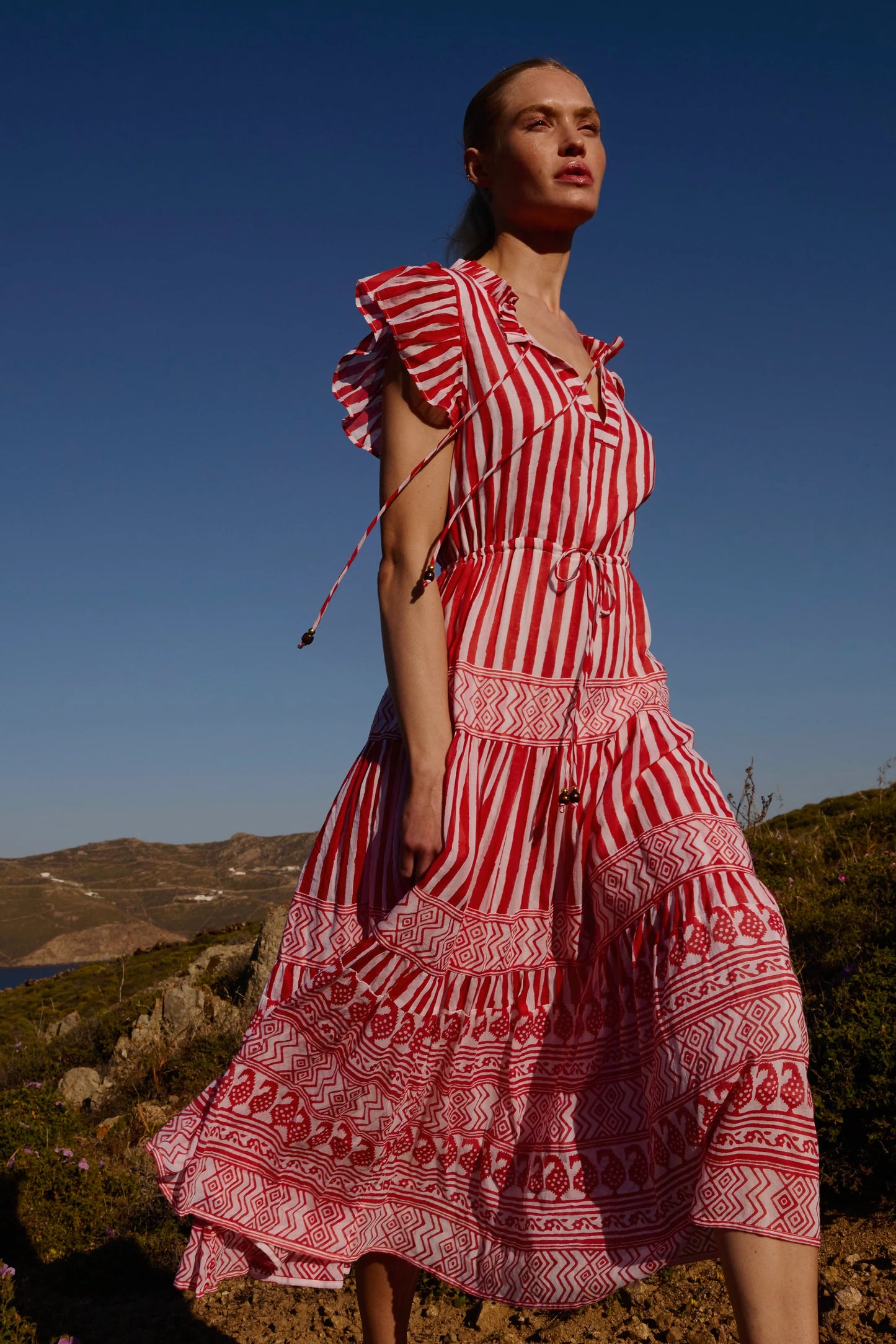 Cinched Flirty Midi Dress In Santorini Red by Oliphant