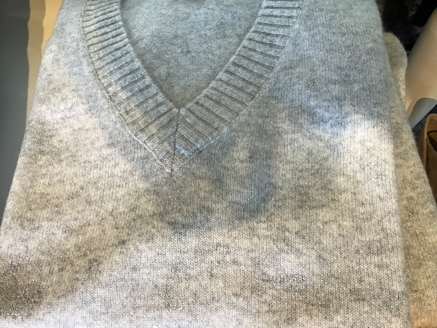 Cashmere V-Neck in Grey with Silver Swirl by Pure Amici