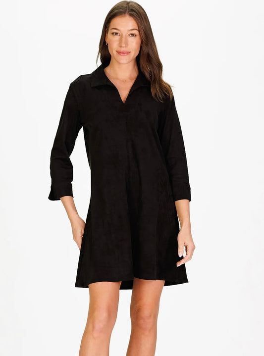 Victoria Dress in Black Suede Stretch by Duffield Lane