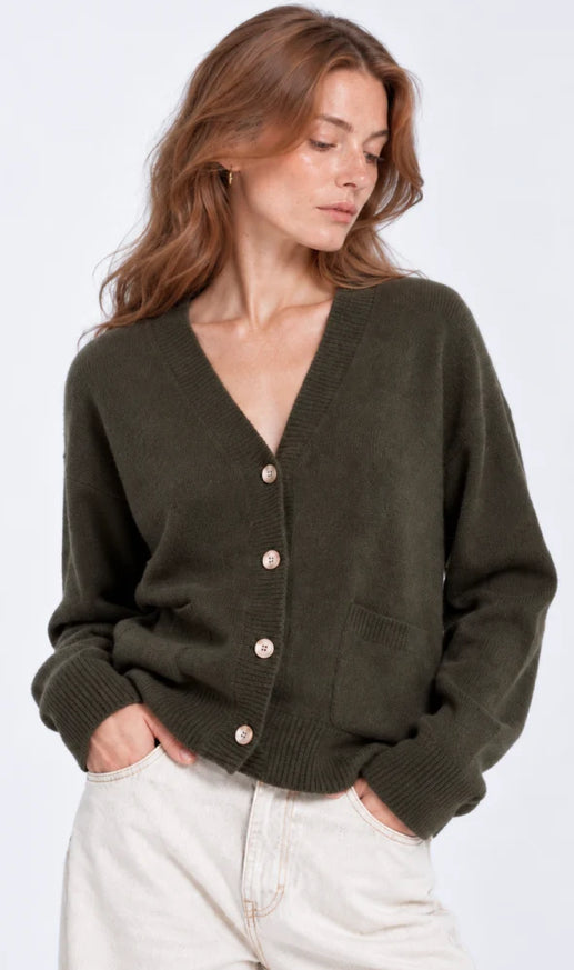 Cashmere V Neck Cardigan in Army by Minnie Rose