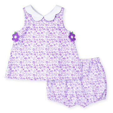 Printed Pique Dress & Bloomer with Flowers in Lavender  by Florence Eiseman