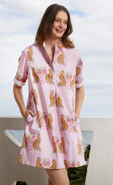 Chatham Dress in Pink with Cheetah and Urns by Dizzy Lizzie