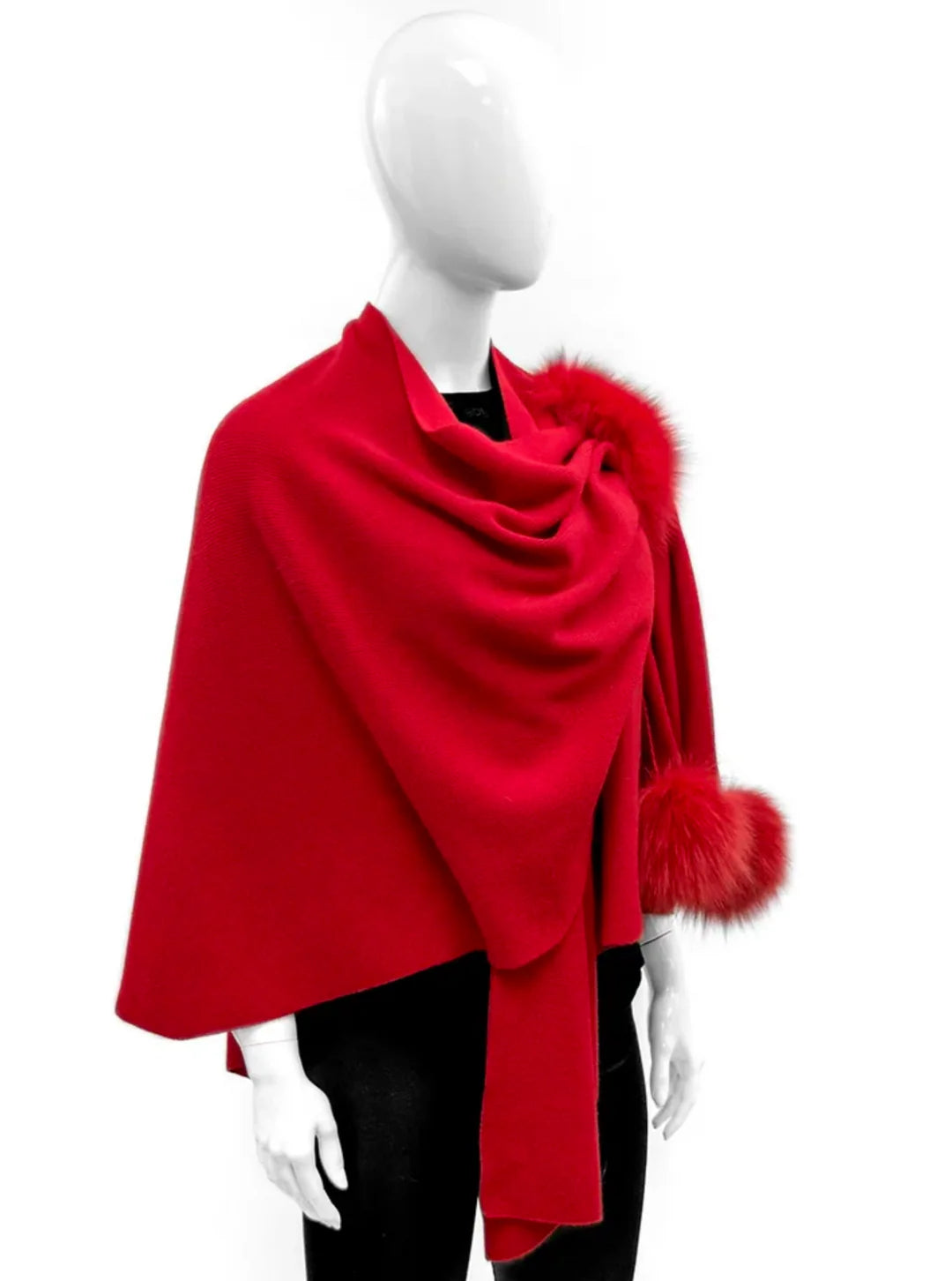 Red Wool Knit Wrap With Pull Through Loop and Pom poms