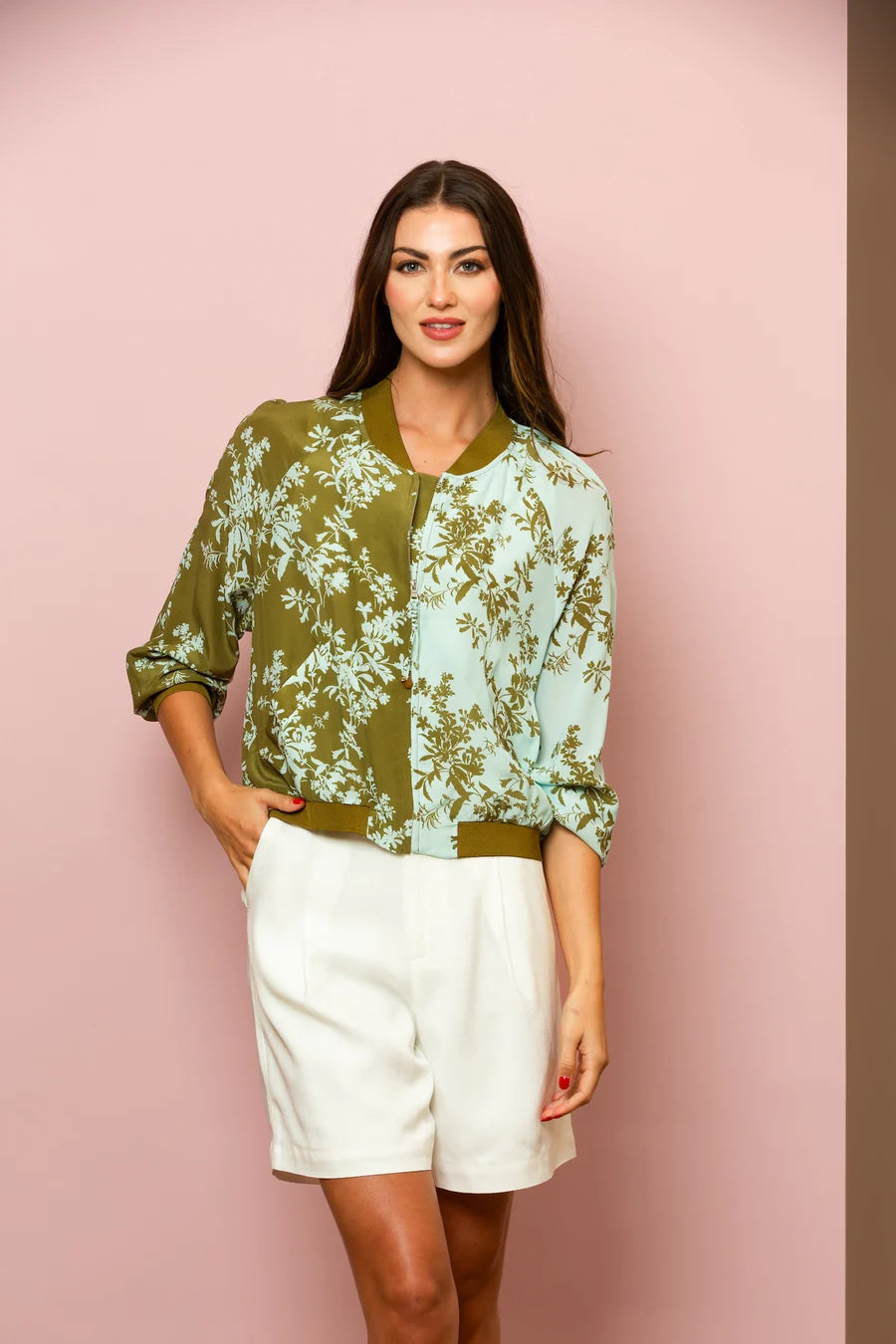 Floral Print Silk Bomber Jacket in Ivory by Jessie Liu