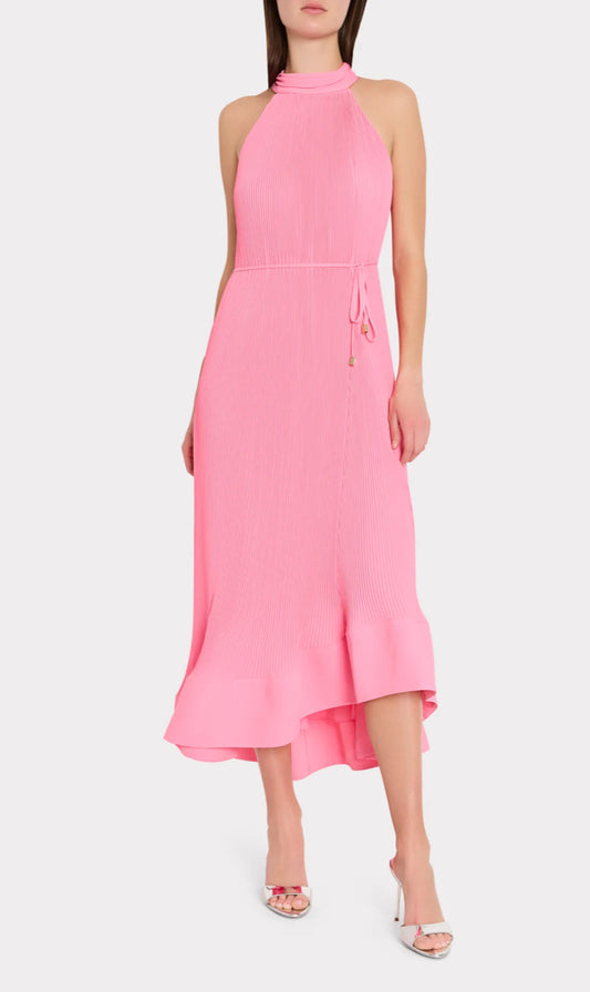 Nalani Pleated Midi Dress in Pink by Milly