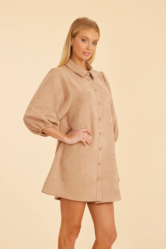 Faux Suede Puff Sleeve Dress in Camel