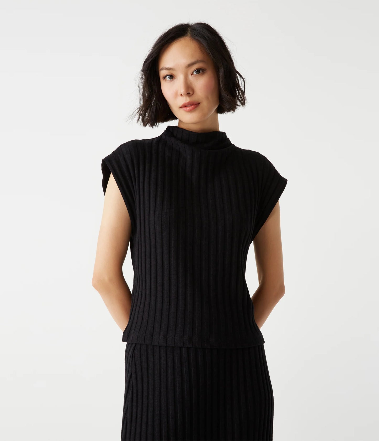 Nara Mock Neck Top in London Rib Black by Michael Stars