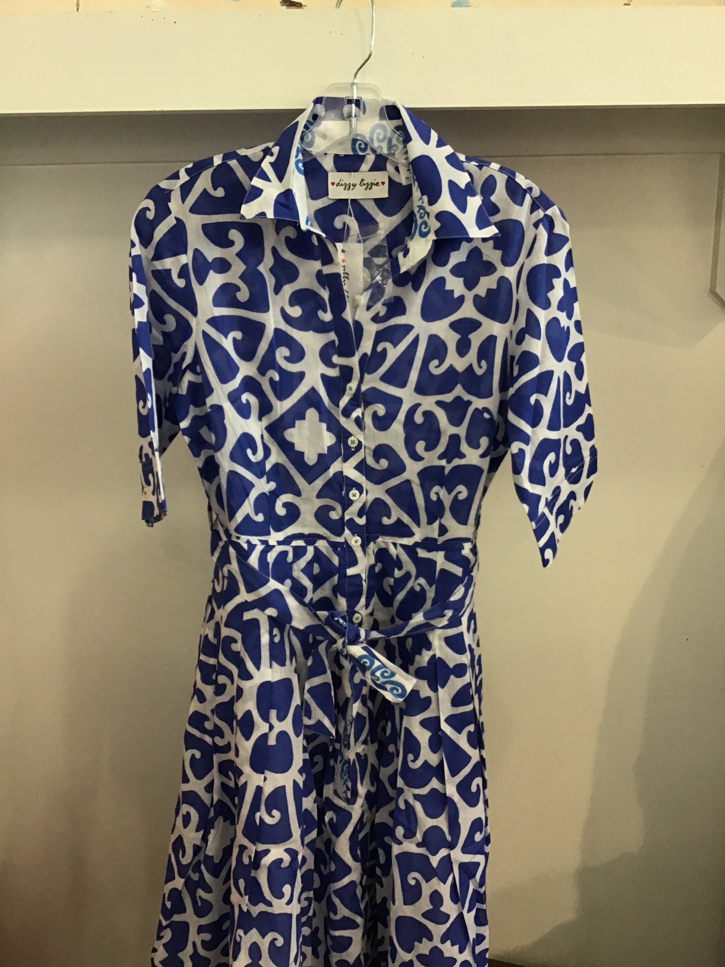 Mrs Maisel Dress in Blue and White Geo by Dizzy Lizzie