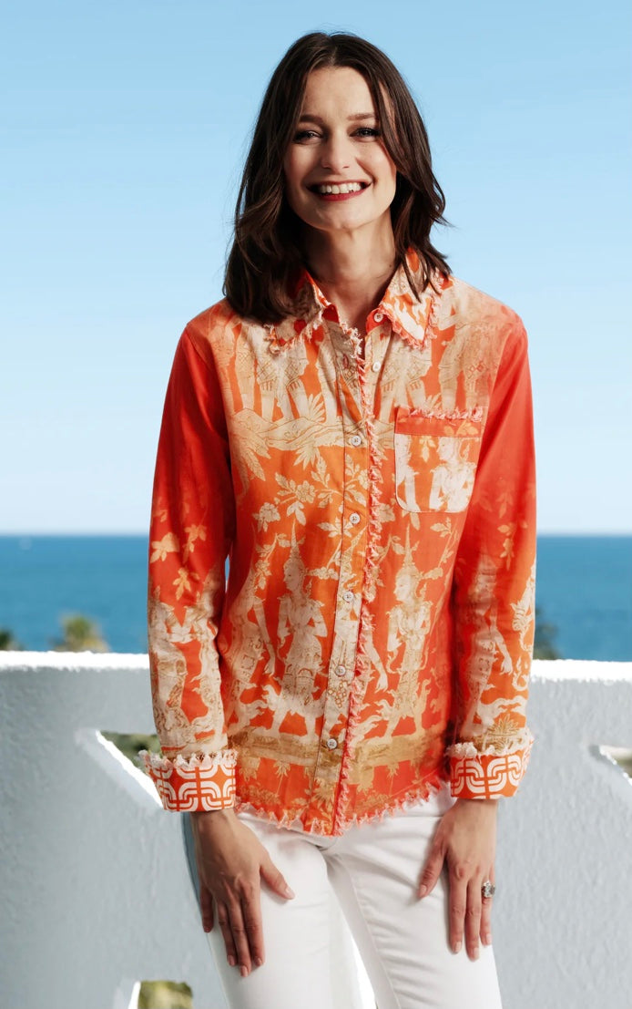 CAPE COD TOP ORANGE GOLD THAI DANCERS PRINT COTTON LINEN by Dizzy Lizzie
