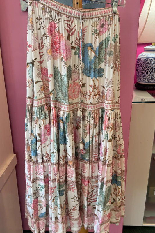 Osiris Skirt in Ivory Heron Print by Strawberry
