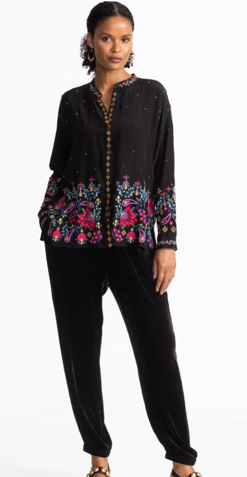 Teresa Audrey Mandarin Collar Shirt in Black by Johnny Was