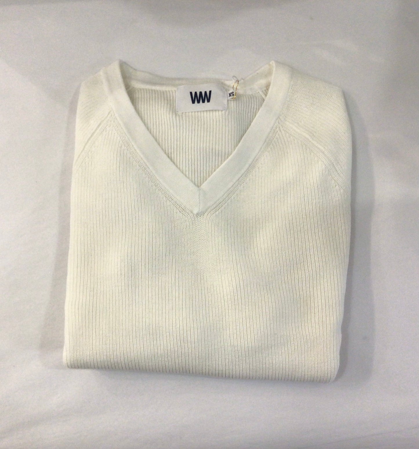 Shaker V Neck Cotton 3/4 Sleeve Sweater in White by Windsor & White