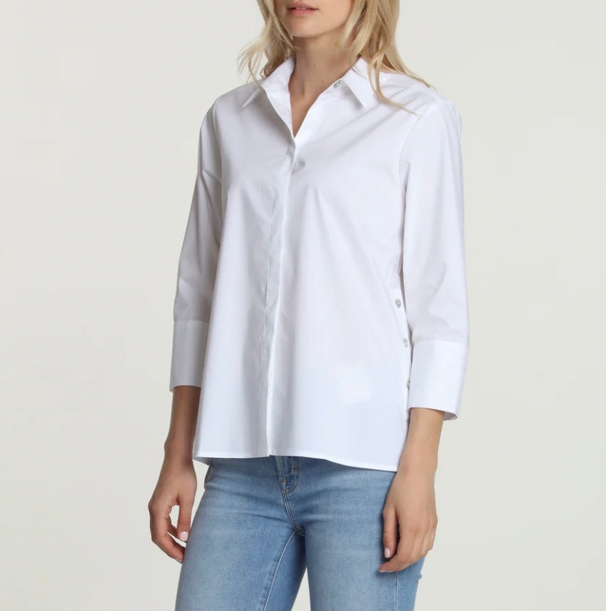 Maxine 3/4 Sleeve Side Button Shirt in White by Hinson Wu