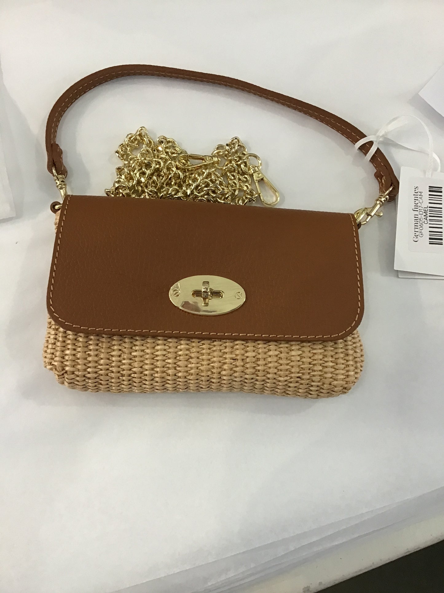 Leather and Raffia Crossbody Bag in Camel by German Fuentes
