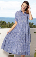 Palm Desert Long Dress with Short Sleeves and Flounces in Navy/White Criss Cross Little Boxes by Dizzy Lizzie