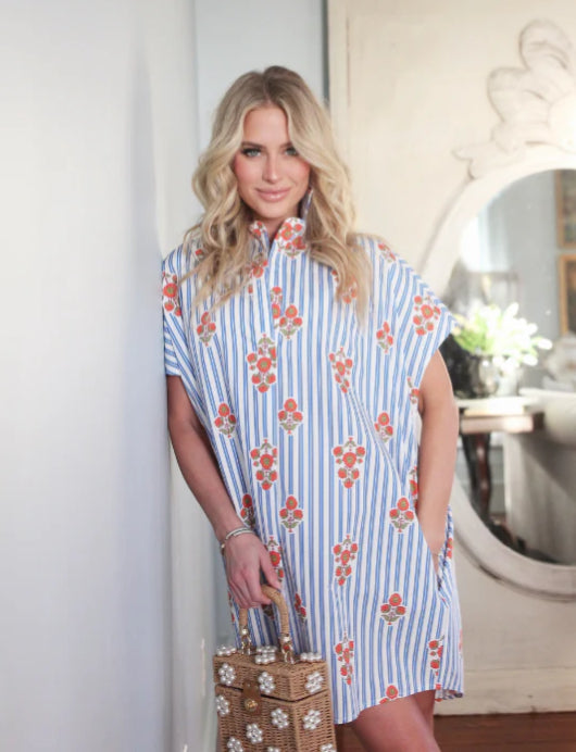 Stripe Floral V-neck Signature Shirt Dress by Karlie