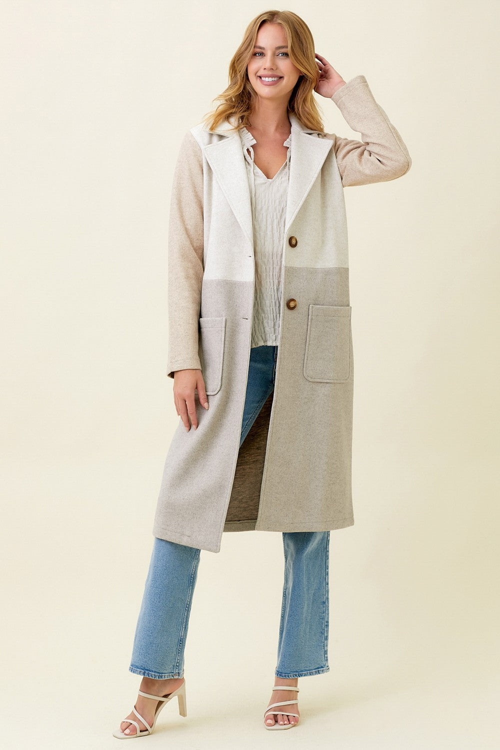 Color Block Long Coat in Oat/Stone by Mystree