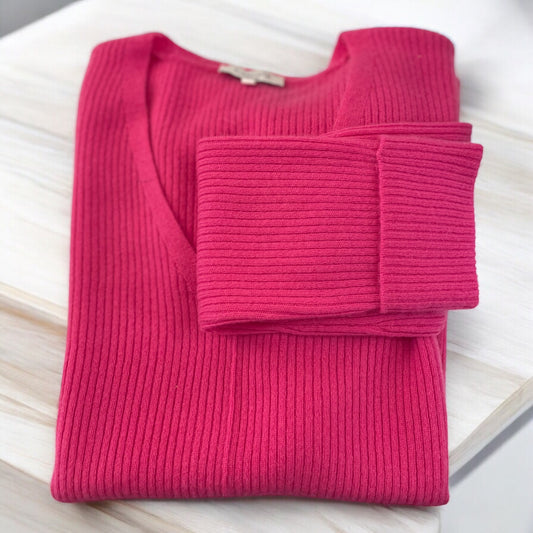 Ribbed V Neck Cashmere Sweater in Raspberry by J Society