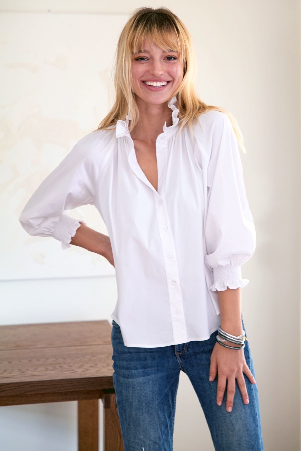 Fiona Ruffle Neck Shirt Solid Silky Poplin Shirt in White by Finley