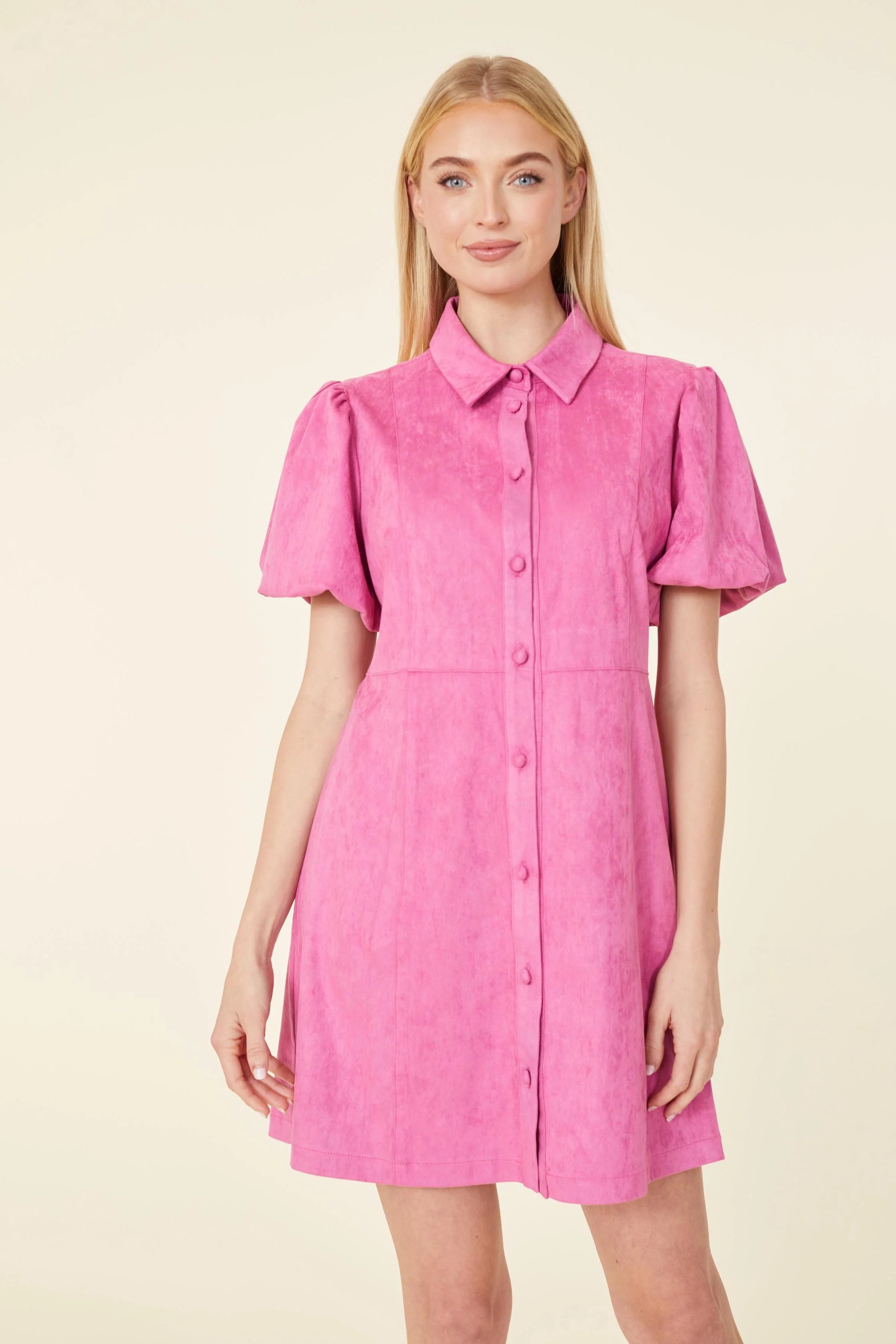 hot pink suede dress Women's Outfit: Hot Pink Skater Dress, Dark Brown Suede Pumps, Gold Bracelet