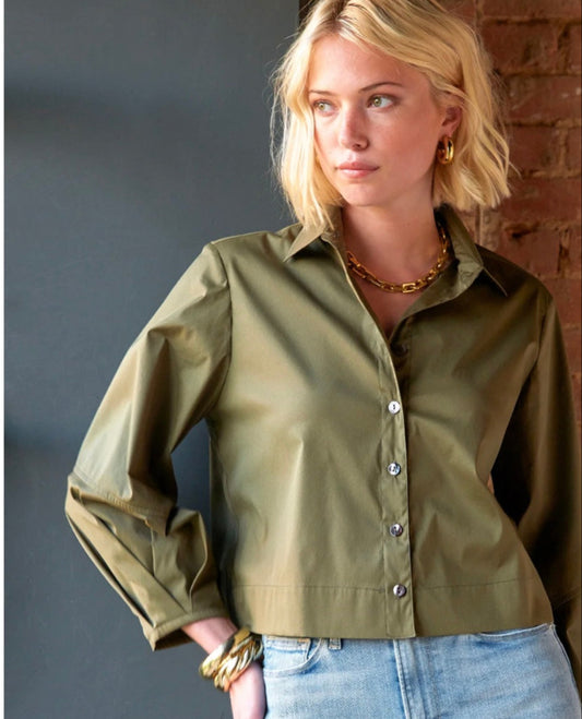 Crop Emmy Shirt in Solid Olive Silky Poplin by Finley