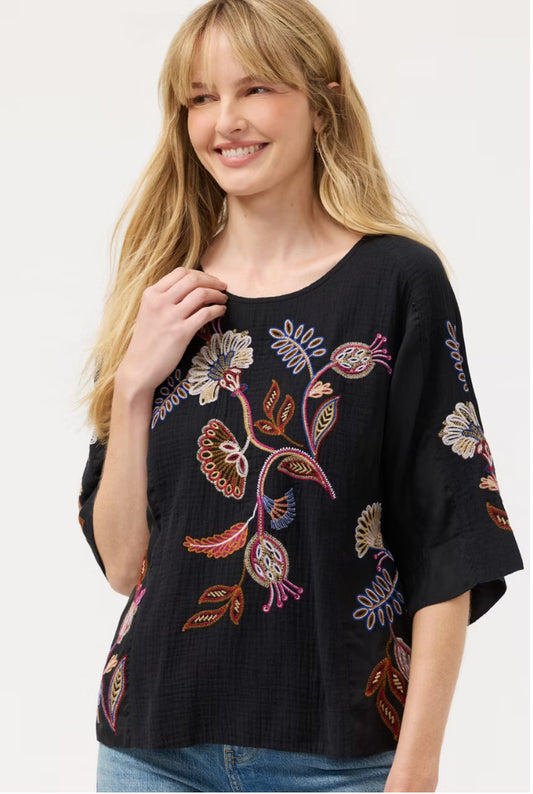 Gineva Mixed Media Dolman Blouse in Black by Johnny Was