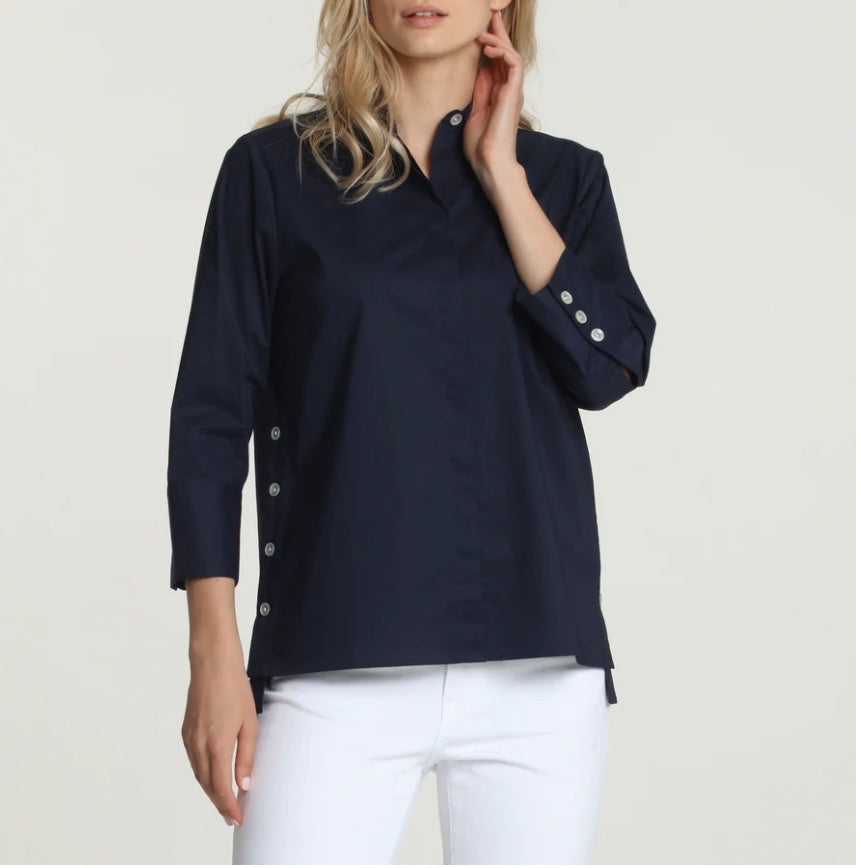 Maxine 3/4 Sleeve Side Button Shirt in Navy by Hinson Wu